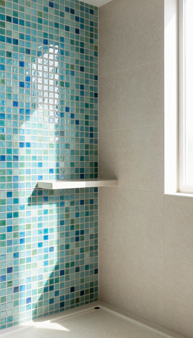 Modern shower with mosaic tile accent wall behind a recessed niche