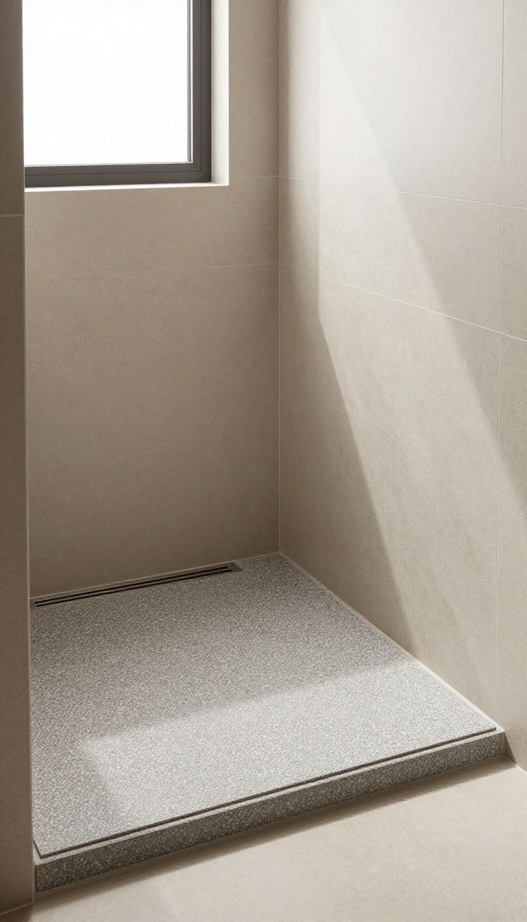 Modern walk-in shower with pebble floor, linear drain, and matching pebble niche