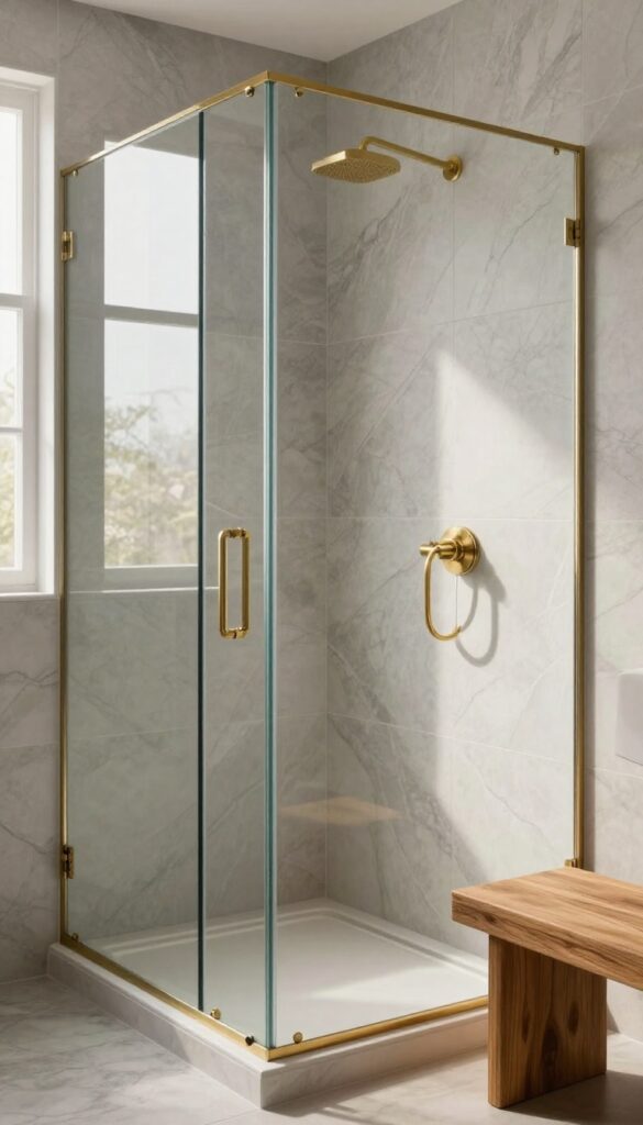 Grey marble-look shower tiles with warm wood bench and brushed gold fixtures