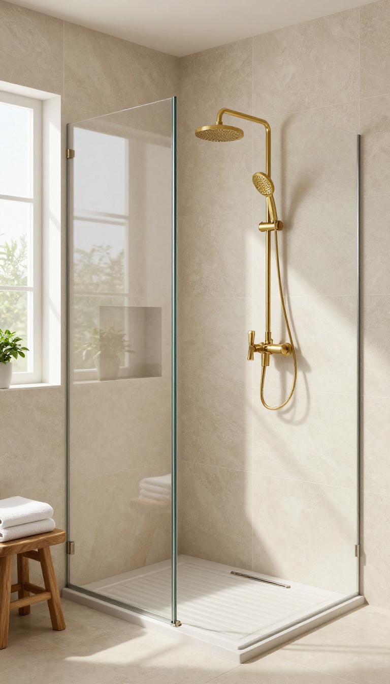 Modern bathroom shower with large-format beige porcelain tiles, glass enclosure, and brushed gold fixtures in natural light