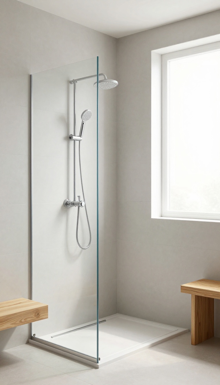 Modern walk-in shower with wall-mounted fixtures and no slide bar, featuring a glass enclosure and natural light.