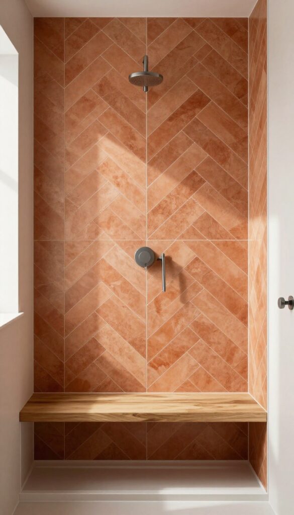 Modern shower with warm terracotta herringbone tile pattern and natural light