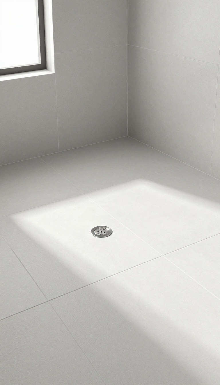 Square stainless steel drain cover on a modern tiled shower floor, aligned with the grout lines for a seamless geometric look.
