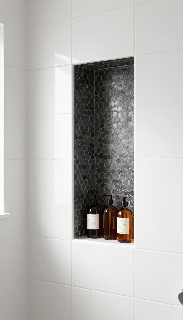 Modern shower with a recessed niche featuring a charcoal hexagonal tile backsplash and neatly arranged bottles.