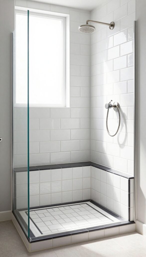 Modern walk-in shower with white subway tile and a built-in seat outlined by dark charcoal grout, emphasizing the bench as a focal point.