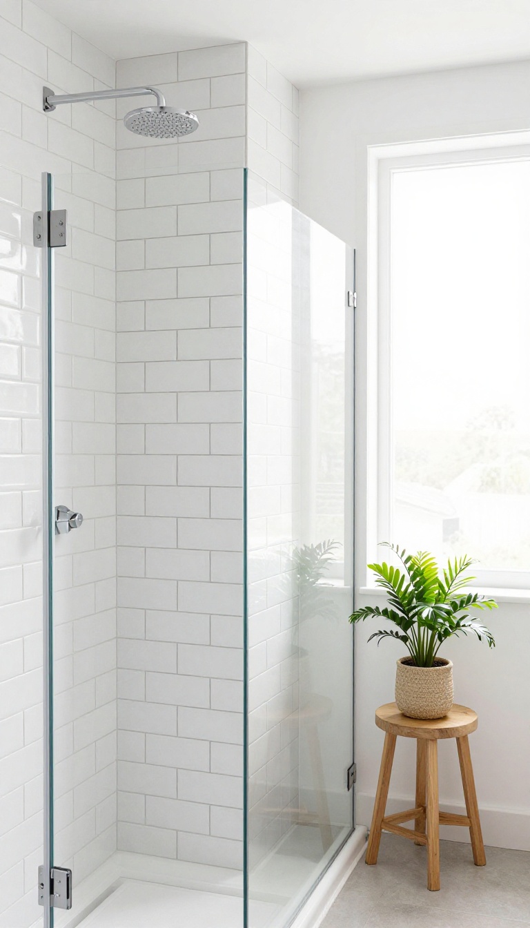 Vertical stacked white subway tiles in a shower with dark grout lines, creating a sense of height in a bright bathroom.