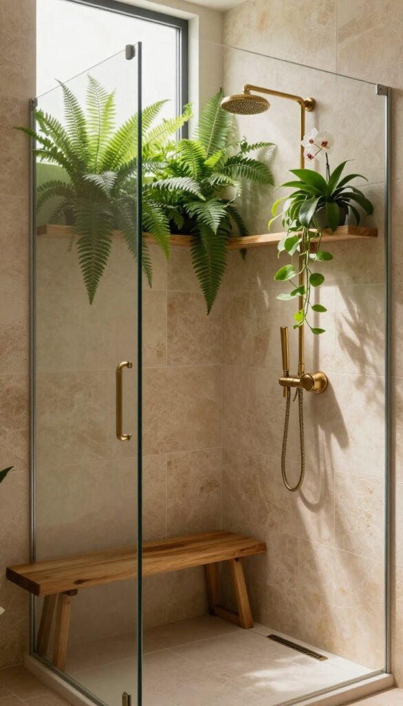 Enclosed shower with lush green plants on a wooden shelf, natural stone tiles, and a teak bench, bathed in soft natural light.