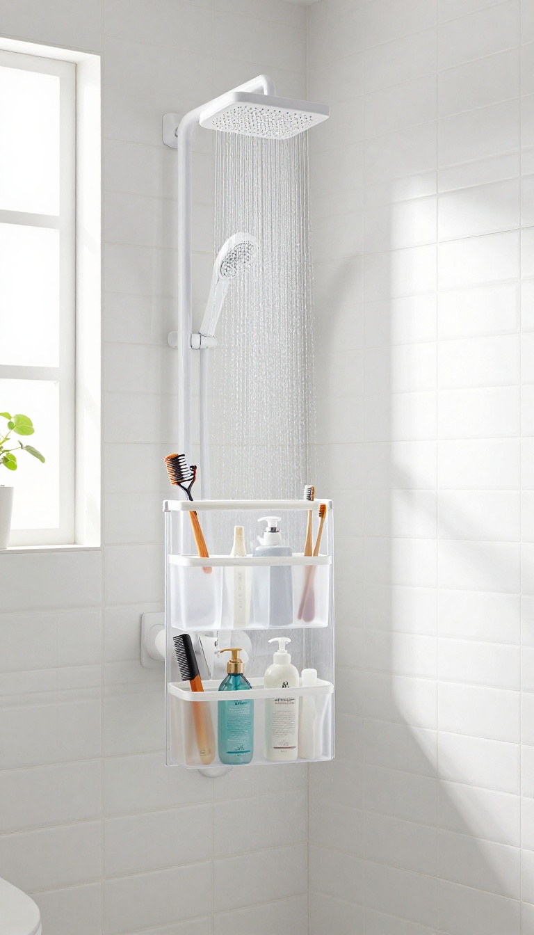Over-the-door organizer with clear pockets hanging on a glass shower door, holding toiletries in a bright, clean bathroom