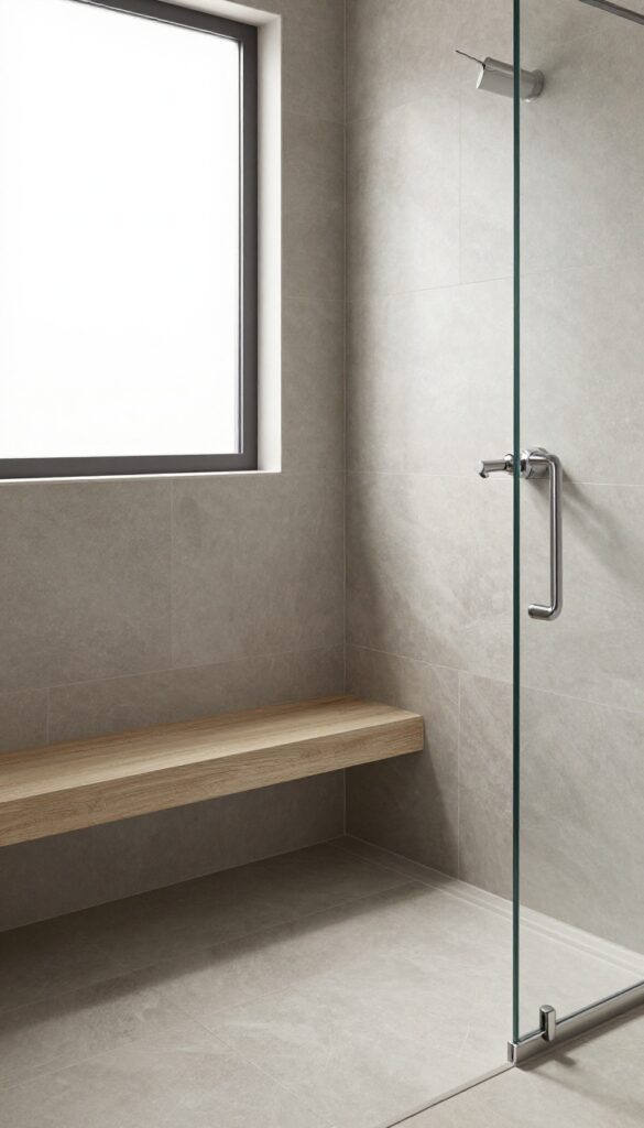Modern walk-in shower with diagonal tile layout and a corner seat, bright natural light