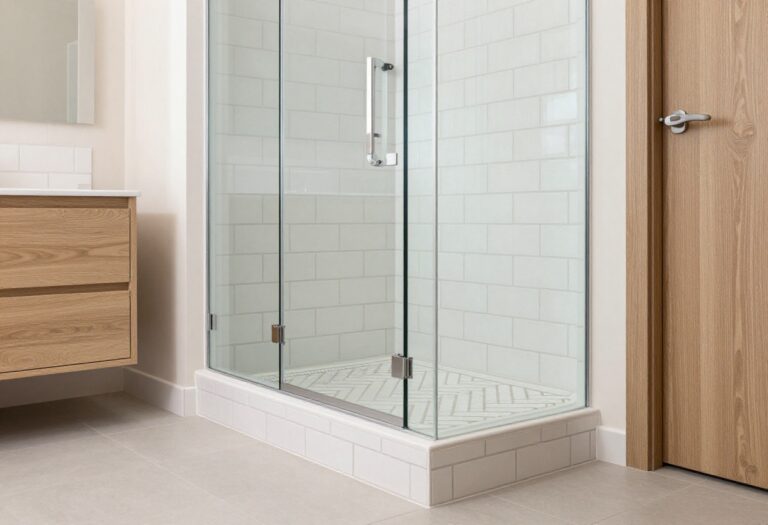 Modern bathroom shower curb with herringbone subway tile