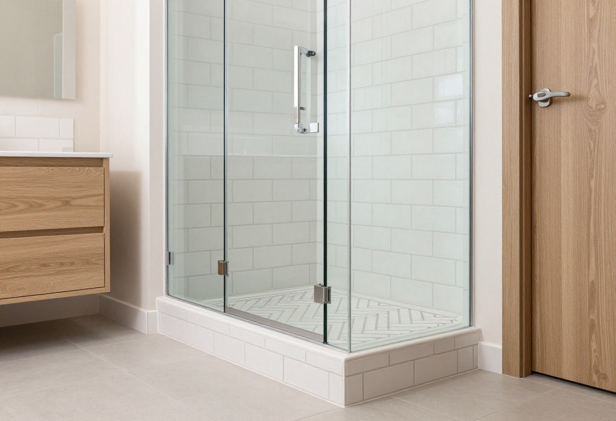 Modern bathroom shower curb with herringbone subway tile