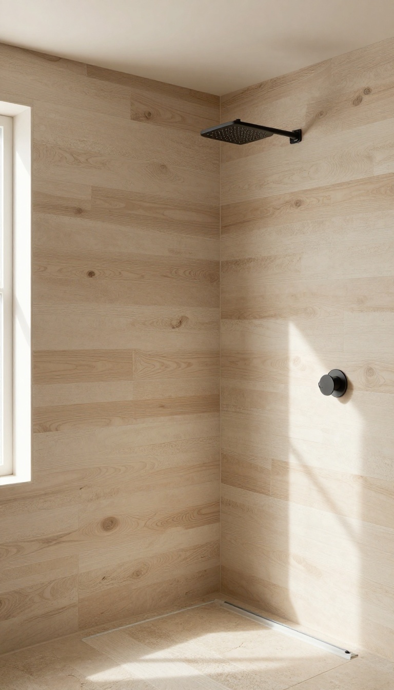 Rustic walk-in shower with minimalist matte black fixtures and natural wood and stone textures