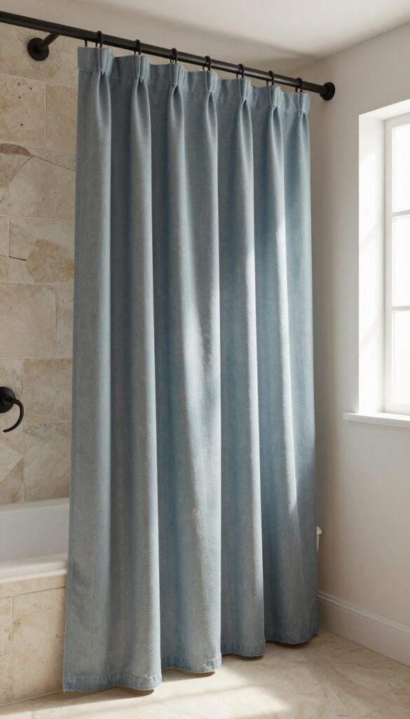 Rustic bathroom with a distressed washed cotton shower curtain in faded blue-gray, paired with wood accents and stone tiles.