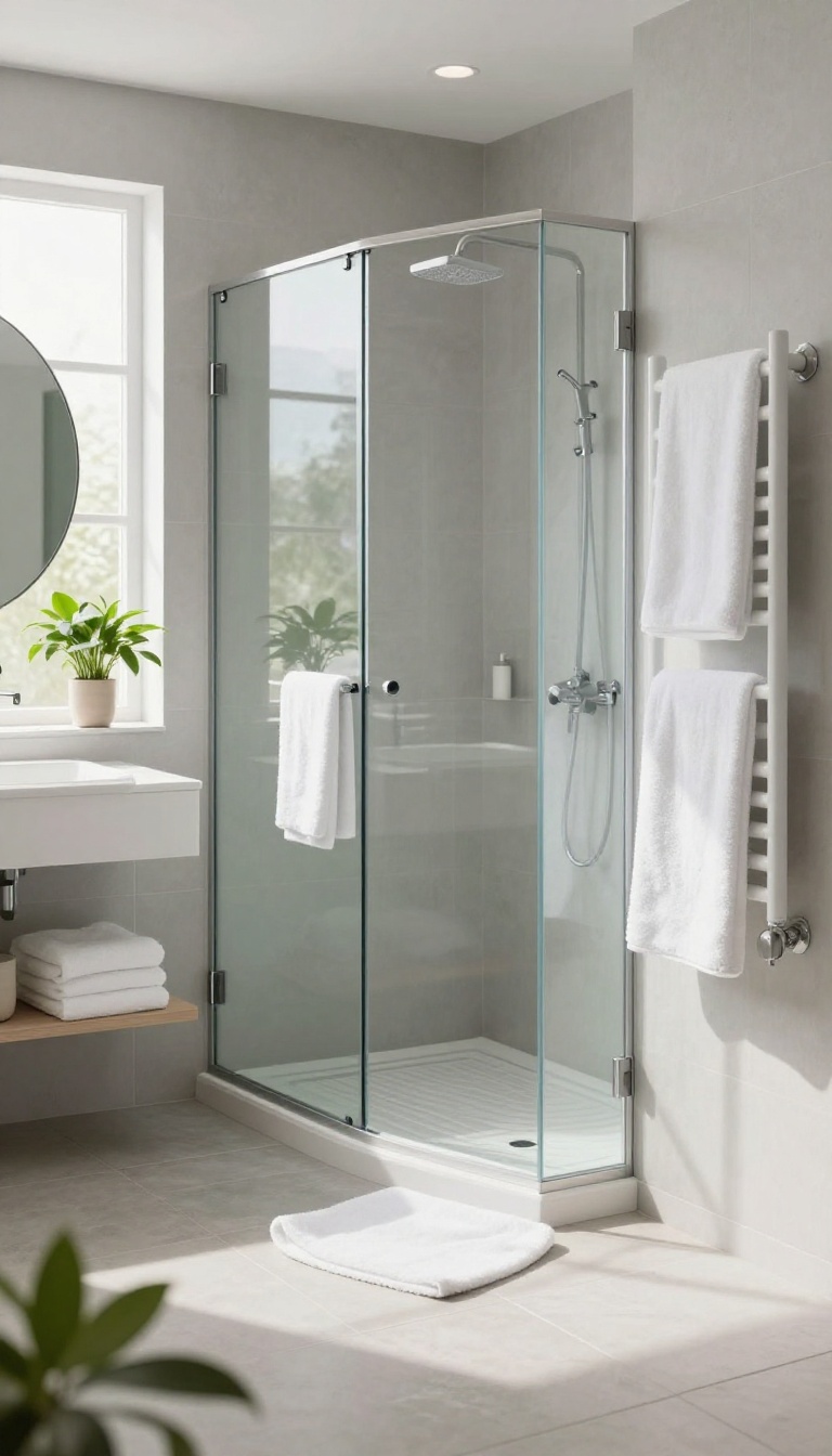 Modern bathroom with heated floor and towel warmer, person stepping out of shower onto warm tiles