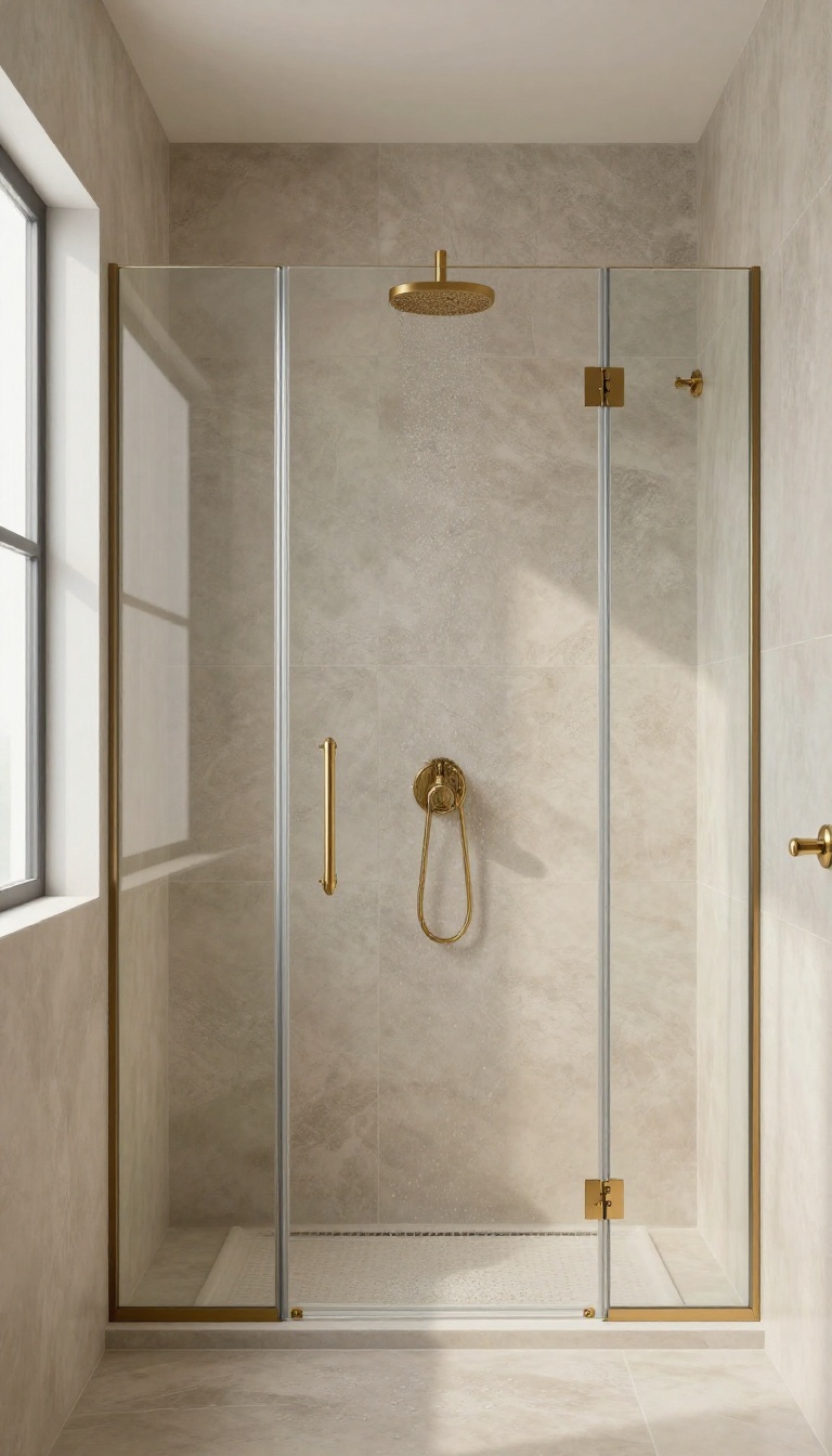 Modern bathroom shower with textured polished tiles in warm neutral tones, wet floor, brass fixtures, and natural light from skylight