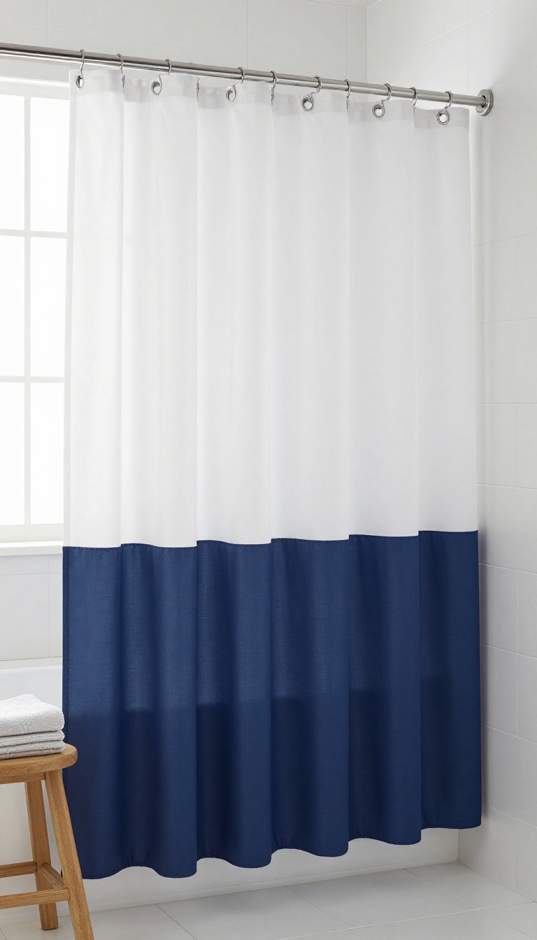Tall shower curtain with contrasting navy hem in a bright bathroom