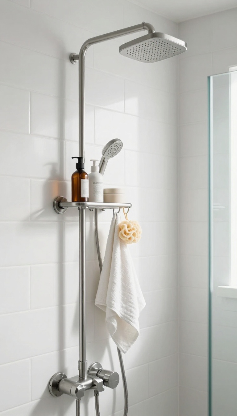 Modern shower head caddy with hooks holding washcloth and loofah in a bright bathroom