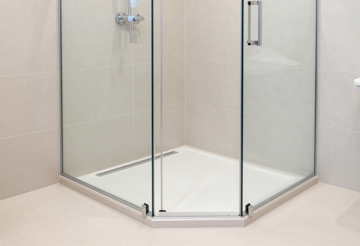 Modern shower base with linear drain and large tiles