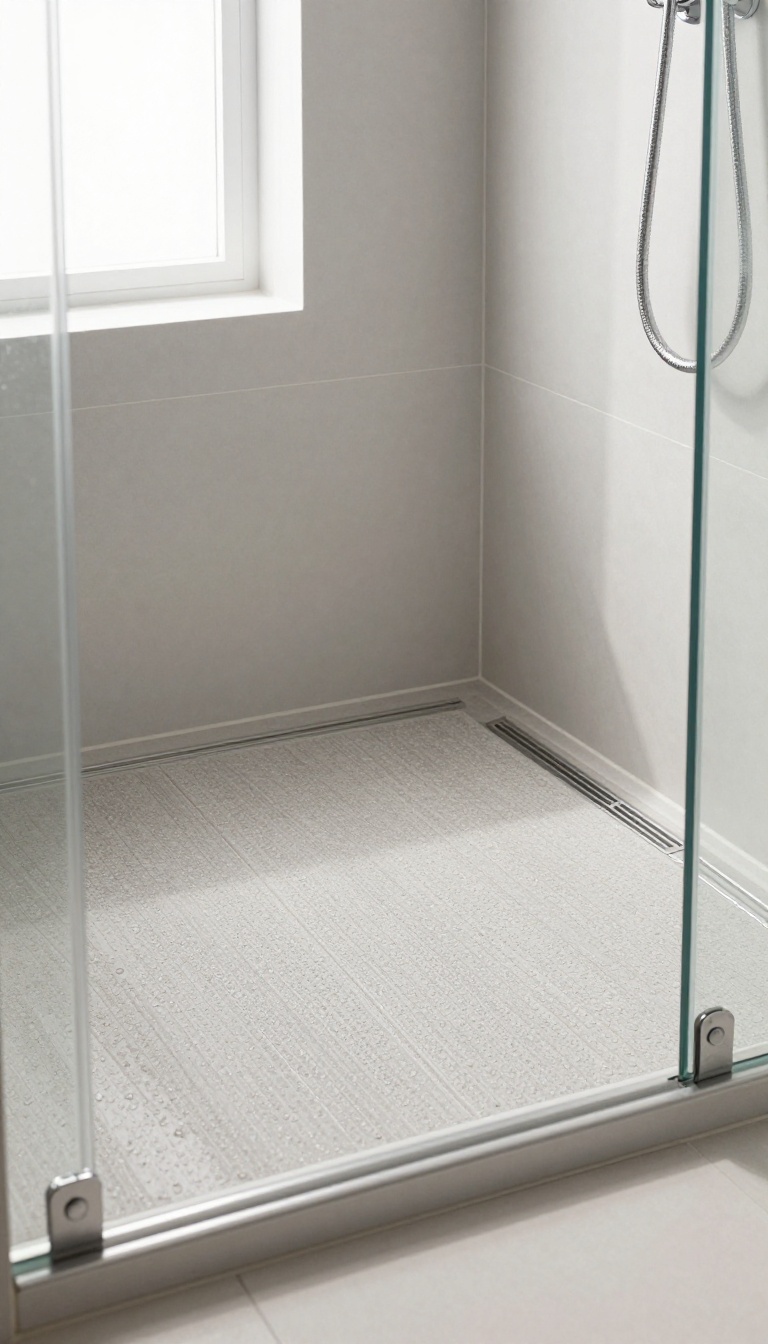 Textured non-slip shower floor tiles in a bright modern bathroom
