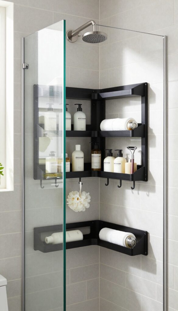 Corner shower caddy with hooks in a small elegant stand-up shower
