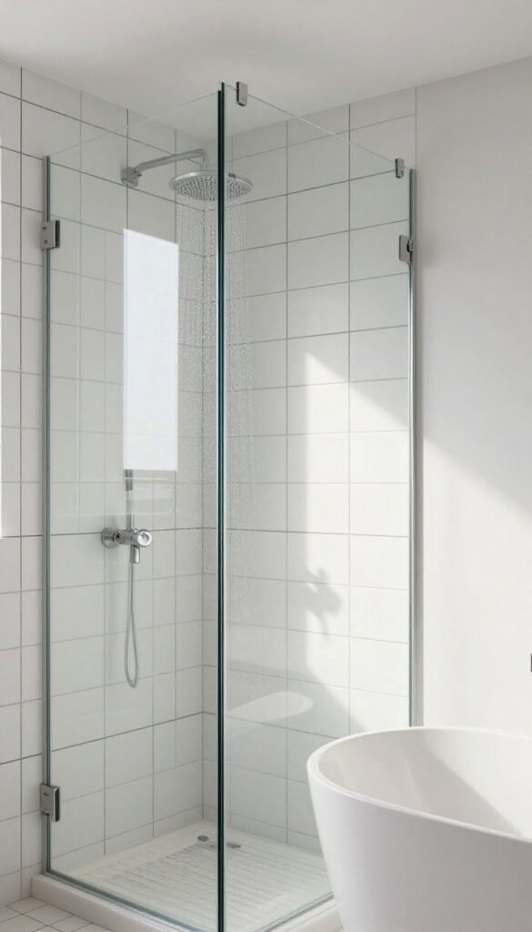 Modern bathroom with white subway tiles and dark contrasting grout in a tub shower area