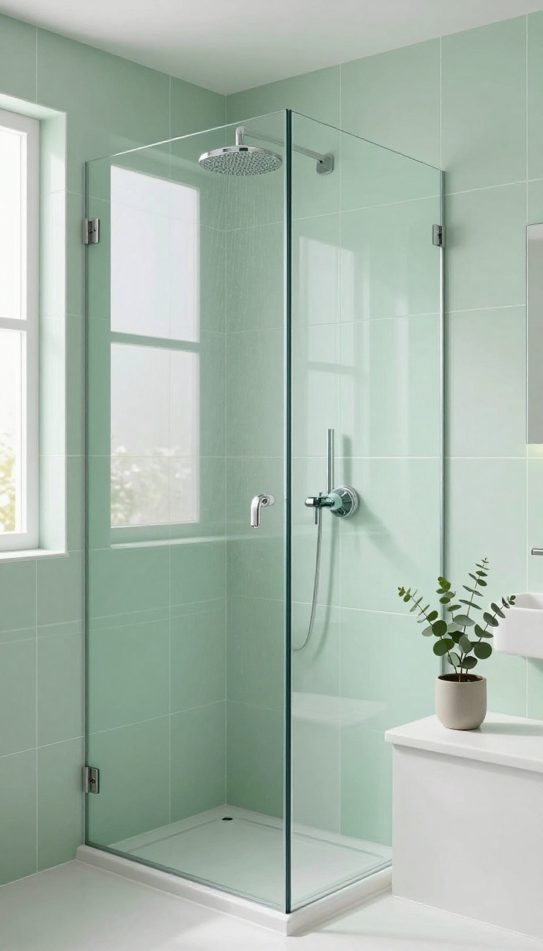 Modern shower with glossy sage green pastel tiles, clear glass door, and natural light
