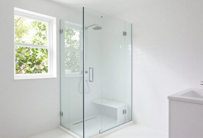 Modern bathroom with frameless glass shower and built-in bench