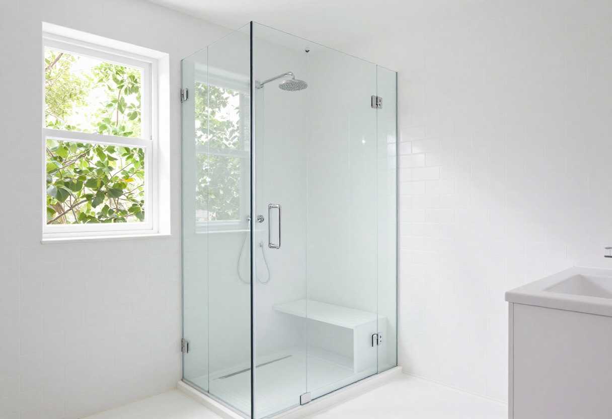 Modern bathroom with frameless glass shower and built-in bench