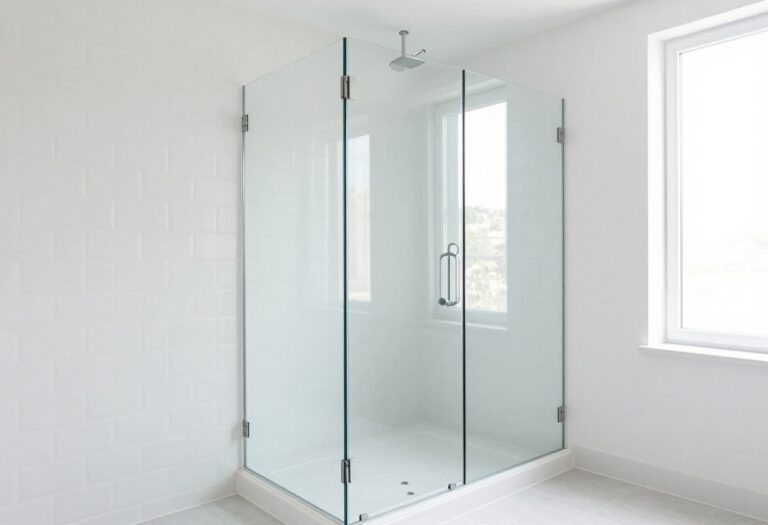 Modern bathroom with a frameless glass shower door and white subway tile