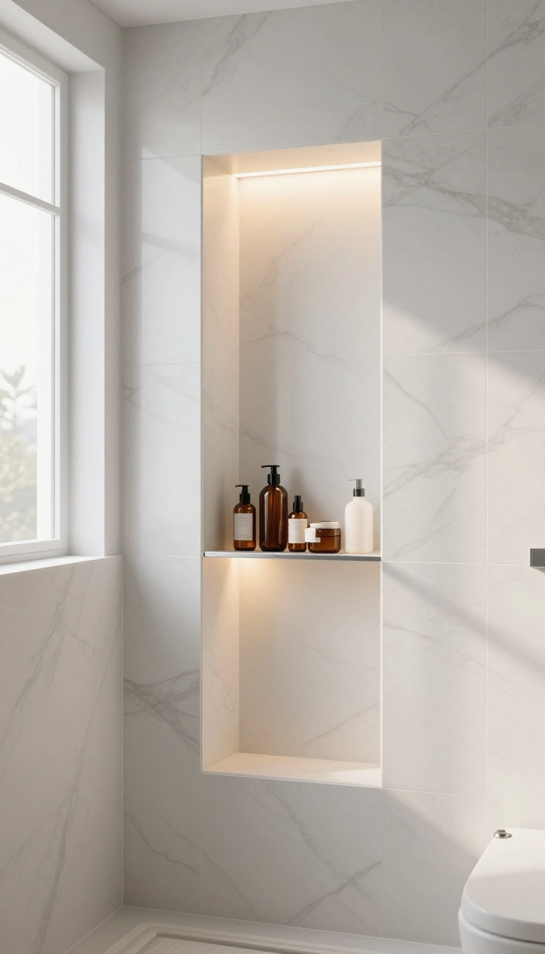 Backlit shower niche with warm glow and neatly arranged bottles in a modern bathroom