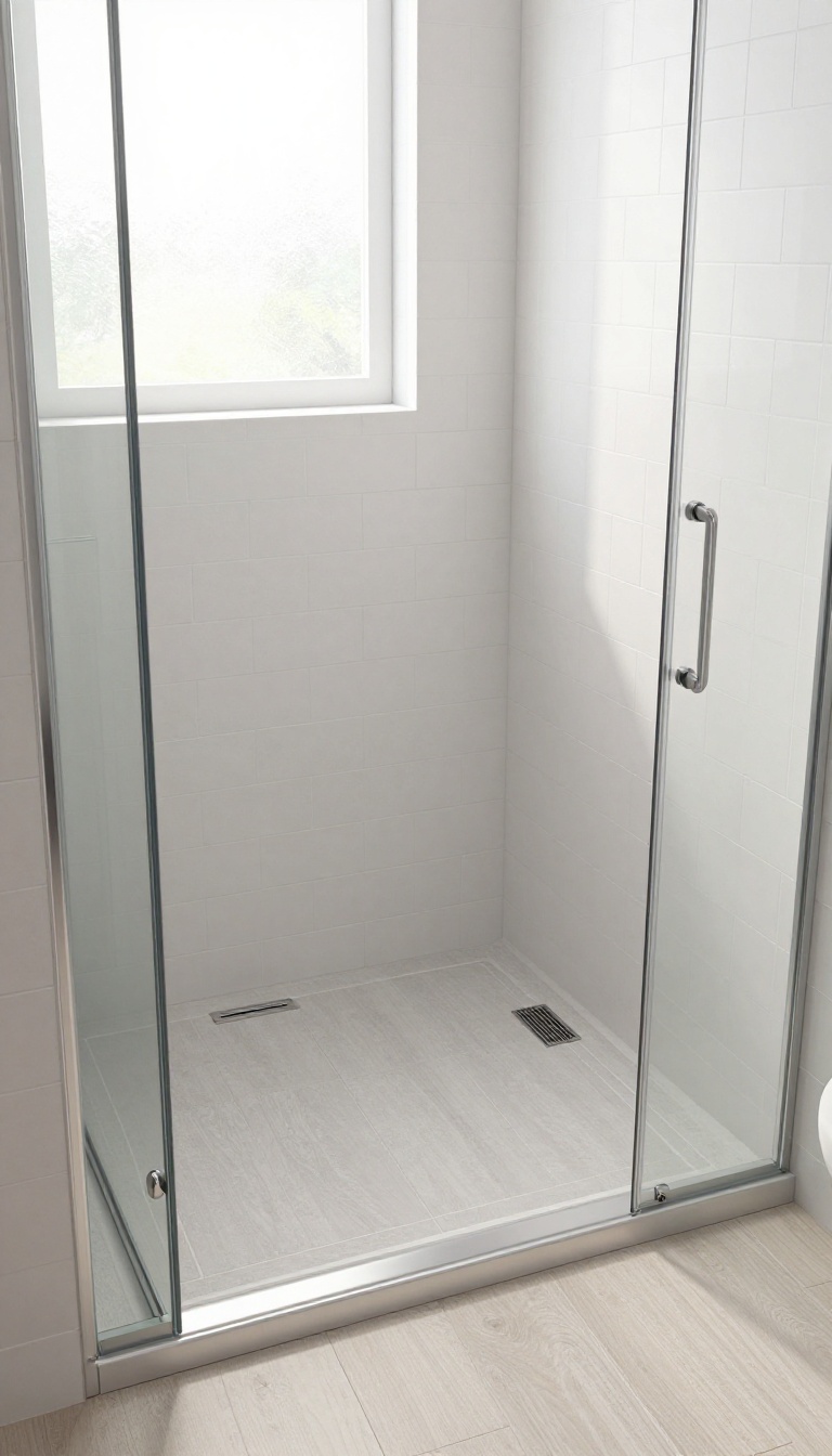 Modern walk-in shower with a corner drain, large gray tiles, and white subway walls, showcasing a space-saving and practical design.