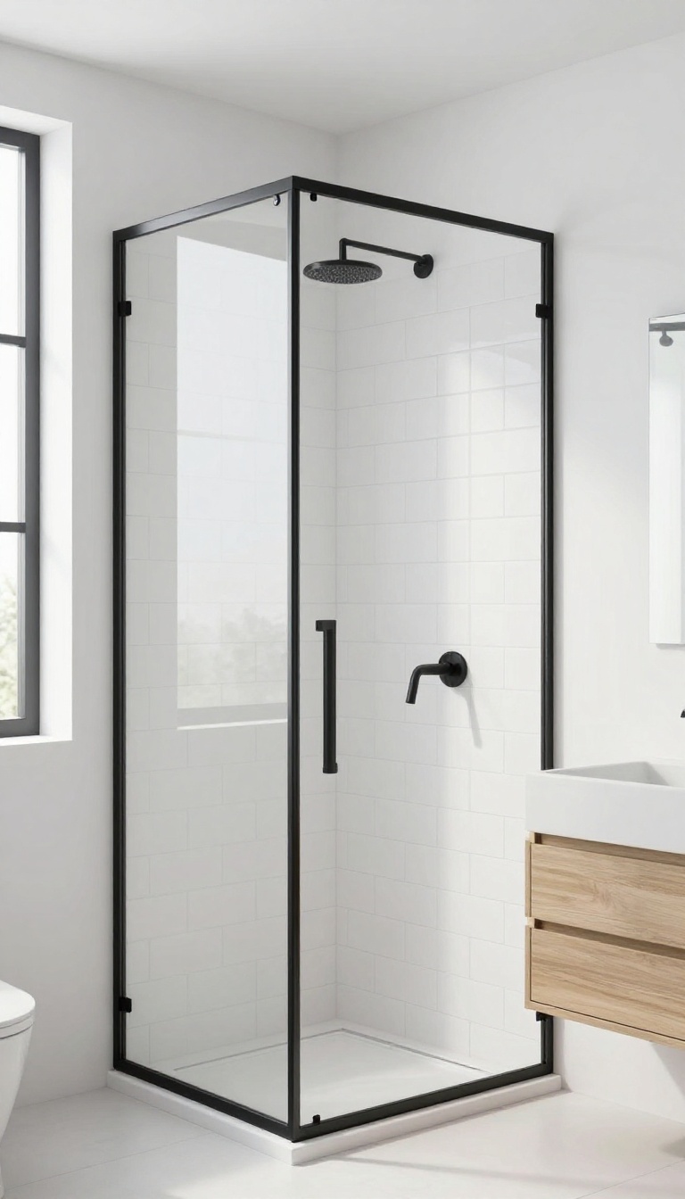 Modern bathroom with a black framed glass half wall shower, white tiles, and black fixtures.