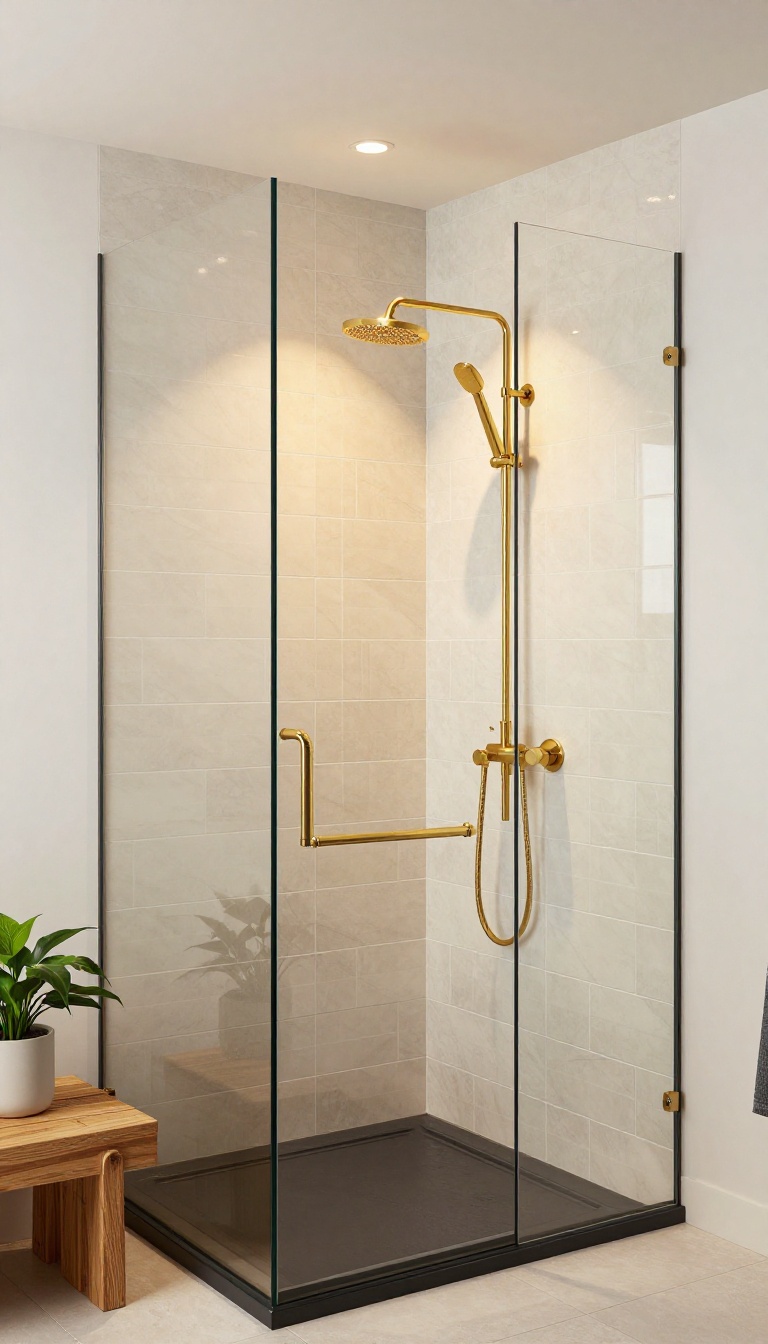 Modern bathroom shower with mirror-finish polished tiles, gold fixtures, and matte black floor