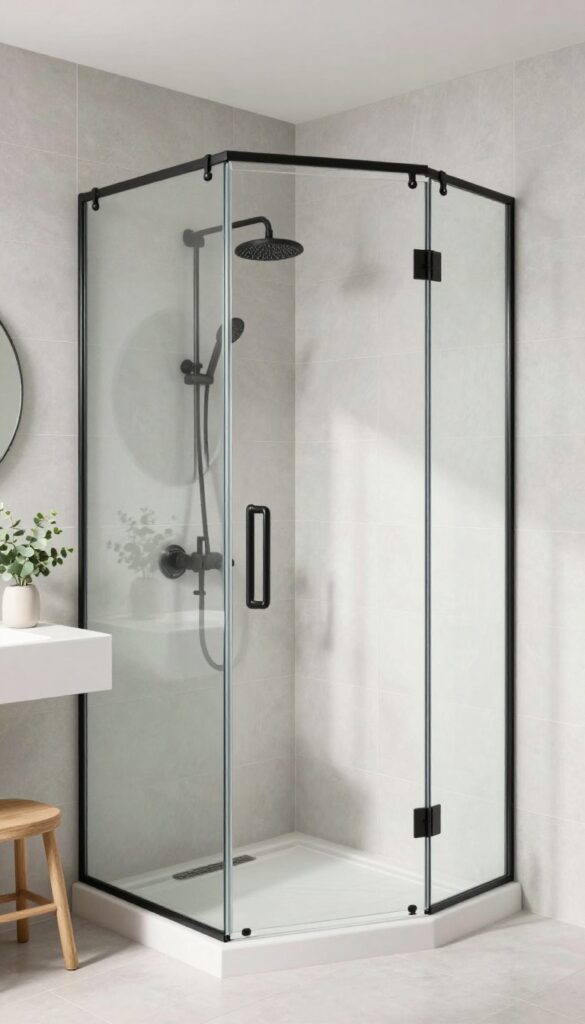 Frameless glass shower door with matte black hardware in a bright, modern bathroom