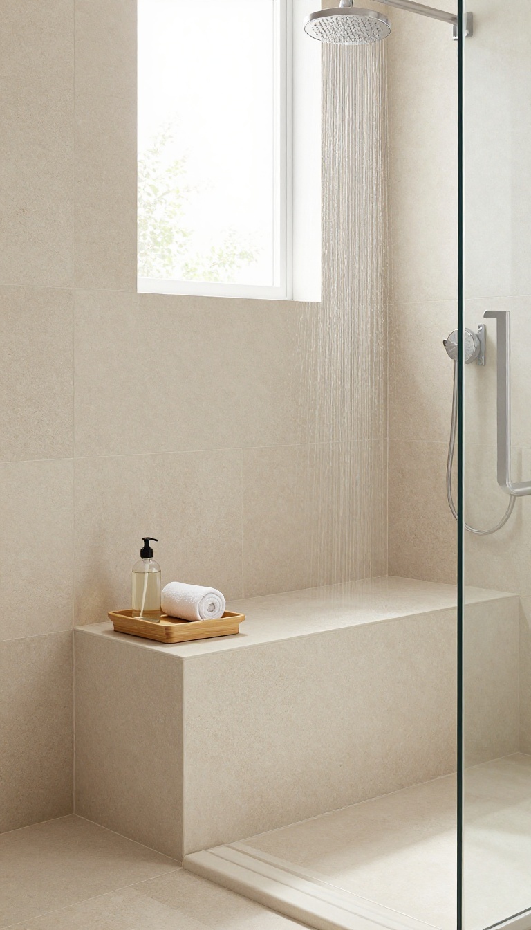 Modern bathroom shower with a half wall featuring a built-in tiled bench seat, holding toiletries, in bright natural light.