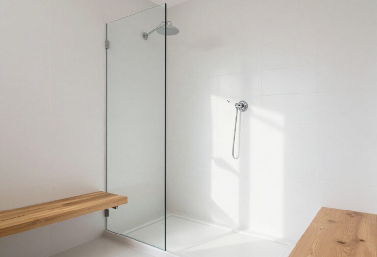 Modern shower with white large-format tiles and glass enclosure