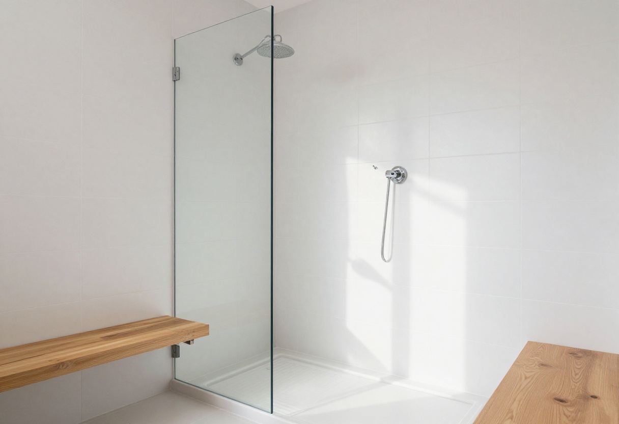 Modern shower with white large-format tiles and glass enclosure