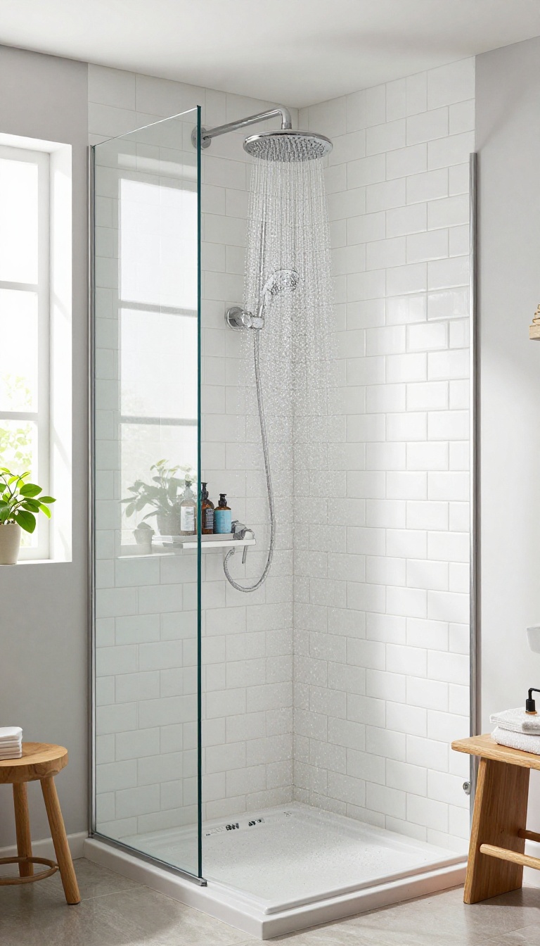Modern bathroom with a half wall shower and rainfall showerhead, featuring white subway tile, glass panel, and natural light.
