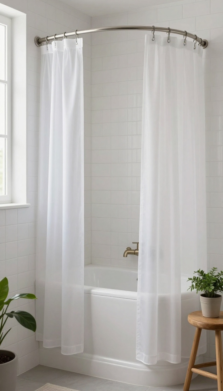 Small bathroom with a curved shower rod adding extra elbow room, bright and clean design