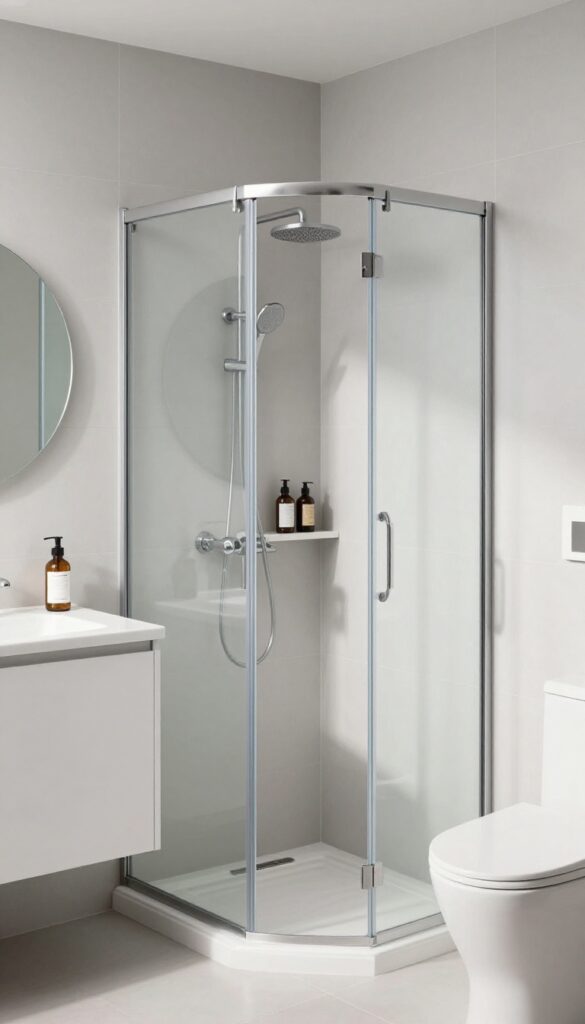 Corner shower with pivot door in a small bathroom, open door revealing interior, with vanity and toilet nearby, bright natural light