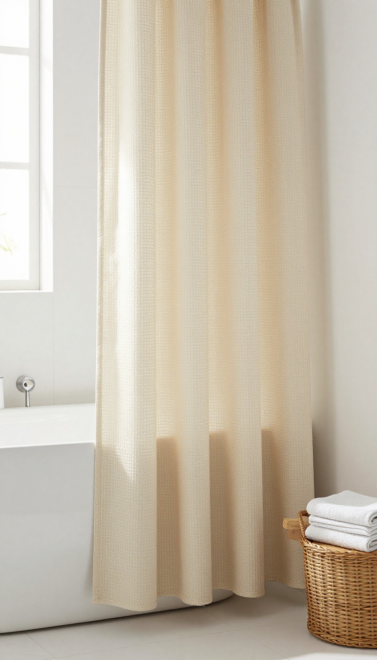 Textured waffle weave shower curtain in a bright bathroom with natural light