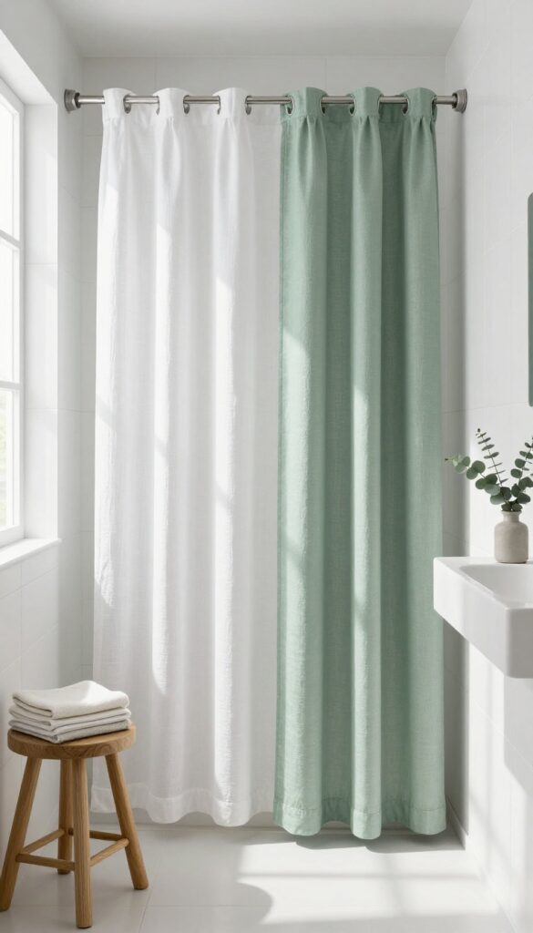 Bright bathroom with double shower curtains in light linen and sage green, seasonal decor, fresh and airy.