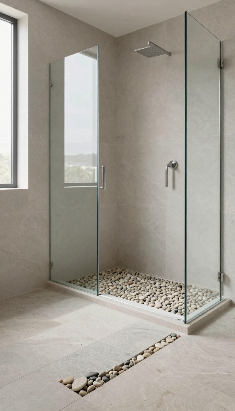 Modern bathroom shower with large flat pebble floor, glass enclosure, and linear drain