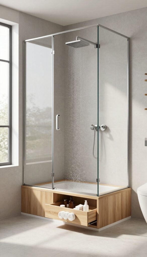 Modern bathroom with a built-in shower bench featuring hidden storage drawers, showcasing a clean and organized design.