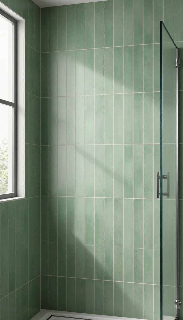 Modern bathroom shower with vertical stacked green tiles making the ceiling feel higher