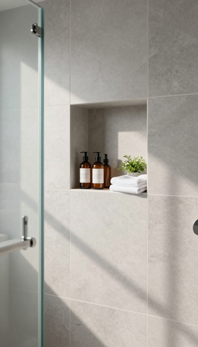 Built-in shower niche with neatly arranged bottles and a small plant in a bright, modern bathroom.