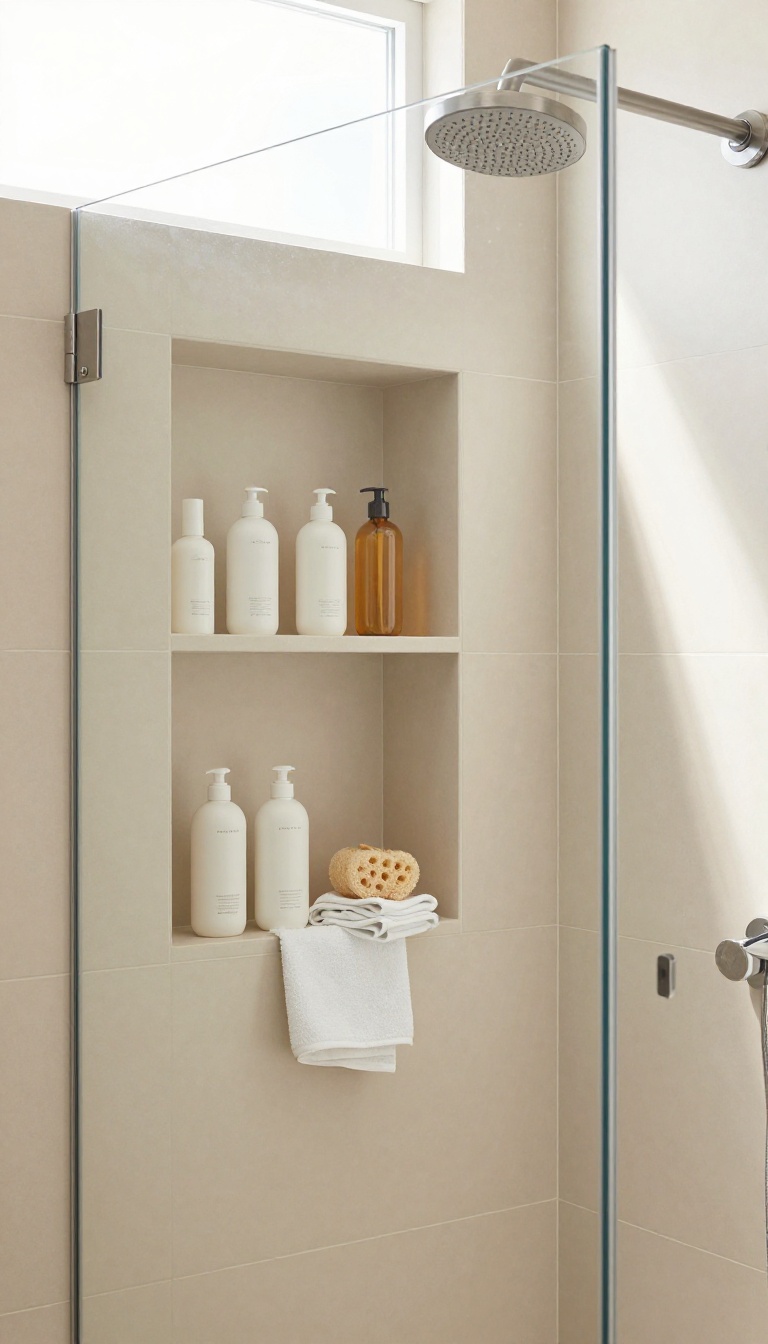 Modern walk-in shower with built-in recessed niche shelves holding shampoo bottles and a loofah, seamless tile design, bright natural light