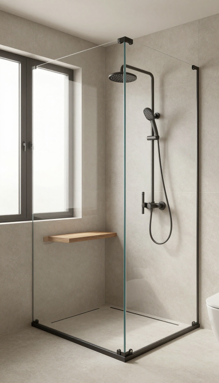 Polished concrete-look tile shower with black fixtures and teak bench