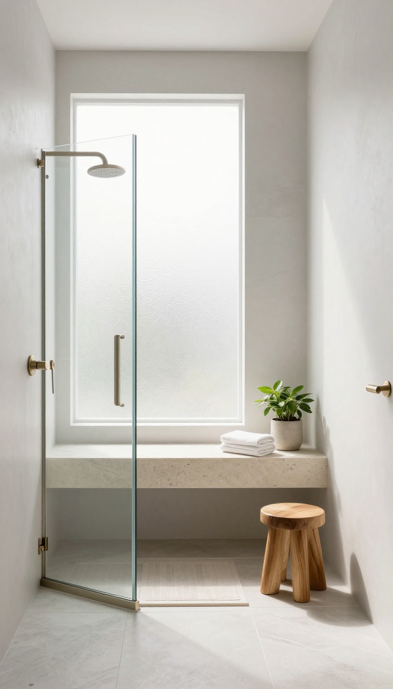 Modern bathroom shower with a built-in stone bench, natural light, and spa-like details