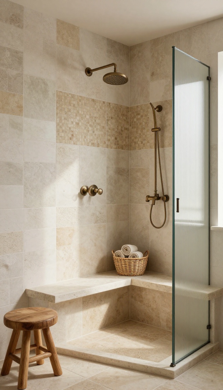 Farmhouse walk-in shower with neutral earthy tones, warm whites and beiges, stone bench, wooden stool, and oil-rubbed bronze fixtures